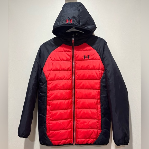 Under Armour Pronto Colorblock Puffer Jacket Black & Red Boys XL - Picture 1 of 10